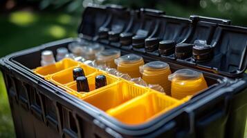 A black case with yellow dividers filled with bottles photo