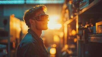 A man wearing goggles in a factory photo