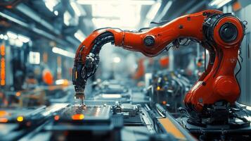 A robot is working on a machine in a factory photo