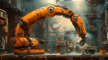 An orange robot is standing in front of a large industrial machine photo