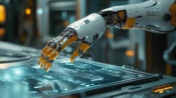 A robot hand is touching a computer screen photo