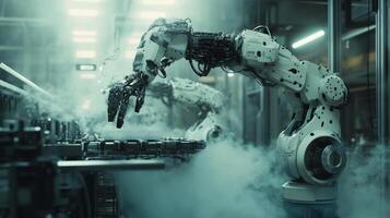 Robot working in a factory with smoke coming out of it photo