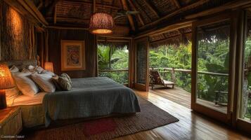 A bedroom with a bed and a wooden floor photo