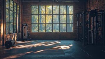 An empty gym room with a window and a mat photo