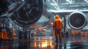 A man in an orange jacket standing in front of an airplane photo