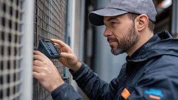 A man in a hat and jacket is using a device photo