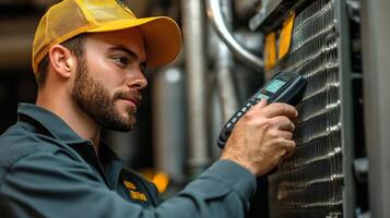 A man in a yellow hat and cap is using a handheld device photo