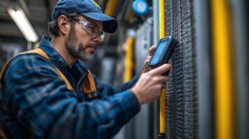 A man in a blue vest and hard hat is using a handheld device photo