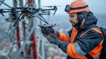 A man in an orange safety vest holding a remote control photo