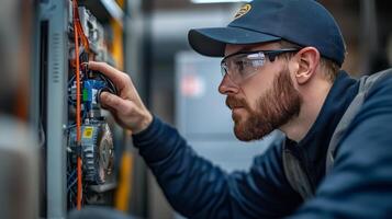 A man with a beard and glasses is working on a computer photo