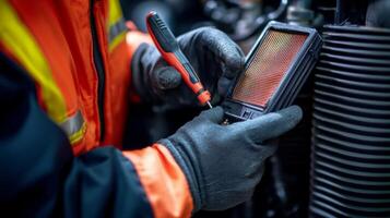 A person in an orange vest holding a cell phone photo