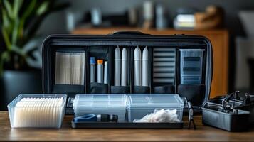 A suitcase filled with pens, pencils, and other items photo