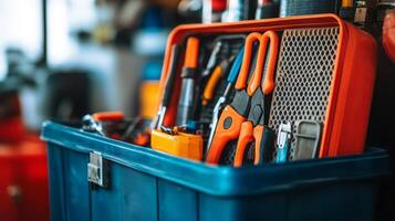 A blue and orange tool box with various tools photo