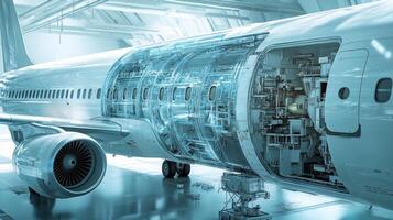 An airplane with a large engine inside of a building photo