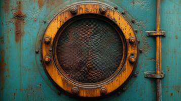An old rusty porthole window on a rusty blue and yellow painted wall photo