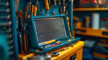 A toolbox with various tools and tools on it photo