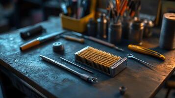 A table with tools and other items on it photo