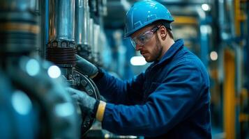 A man in a blue helmet and blue glasses working on a machine photo