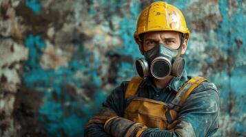 A man in a gas mask standing in front of a grungy wall photo