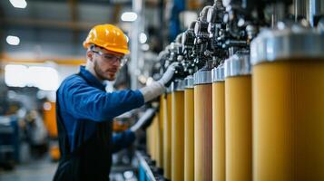A man in a hard hat and safety glasses working on a machine photo