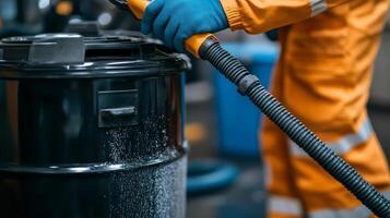 A person in an orange uniform is using a vacuum to clean a black container photo