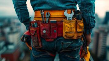 A man with a tool belt on his back photo