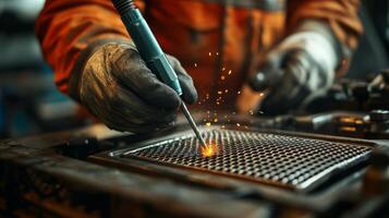 Welding worker welding metal on a metal grate photo