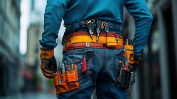 A man in blue jeans and a blue shirt with tools on his belt photo