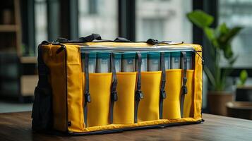 A yellow bag with six pens in it photo