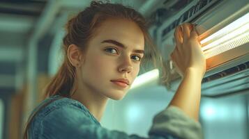 A woman is looking at the air conditioner photo