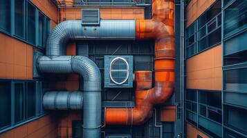 A view of pipes and pipes in an orange building photo