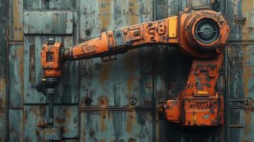 An old rusty industrial robot is standing in front of a door photo