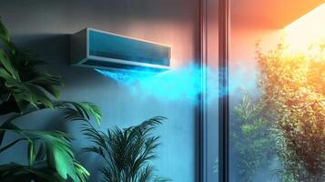 A window air conditioner is blowing out a blue mist photo