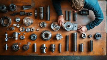A man working on a table with various types of metal parts photo