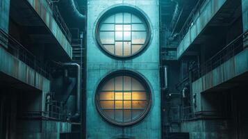 A large room with two circular windows and pipes photo