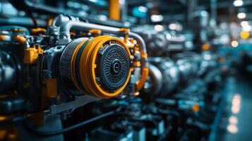 An industrial engine is shown in a factory photo