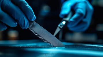 A person in blue gloves cutting a piece of meat photo