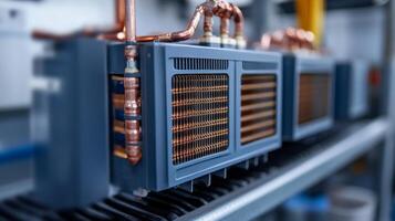 Close-up of industrial cooling units with copper piping and fins, used for temperature regulation. photo