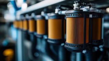 Close-up of industrial filters with orange elements, likely used in machinery or equipment. photo