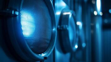 Close-up of industrial equipment featuring circular panels with blue lighting. photo