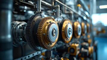 Close-up of industrial machinery with gears and pipes, showcasing engineering and technology. photo