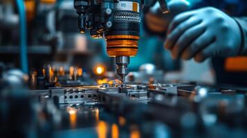 Close-up of precision machinery in operation, highlighting industrial technology and engineering. photo