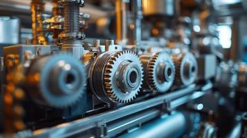 Close-up of industrial machinery featuring gears and mechanical components for engineering purposes. photo