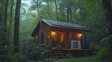 A tiny cabin in the woods with solar panels photo