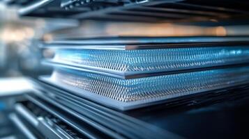 Close-up of stacked metal plates with a textured surface, possibly for industrial use. photo