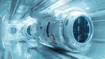 Futuristic space interior featuring advanced machinery and sleek design for exploration. photo