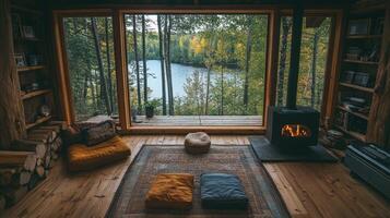 Cozy cabin interior with a view of a serene lake and autumn foliage. photo
