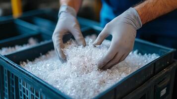 Hands in gloves handling plastic flakes in a container for recycling or manufacturing purposes. photo