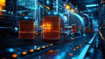 Futuristic industrial scene with glowing machinery and intricate components. photo