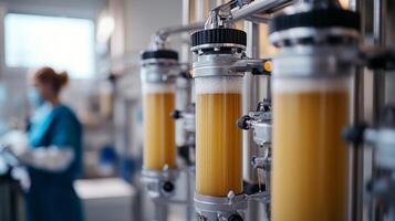 Industrial brewing setup with fermenters and a technician in a lab environment. photo